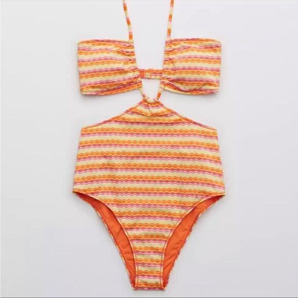 NWOT Aerie Striped Jaquard Cut Out Halter One Piece Small - Picture 9 of 10